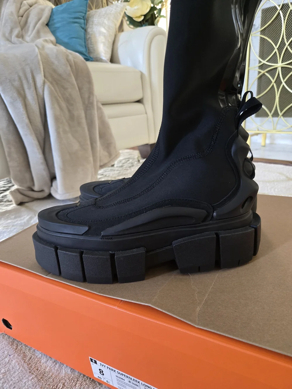 Ivy Park x Adidas Women's Super Sleek Long Boots Over-The-Knee Noir Size 8